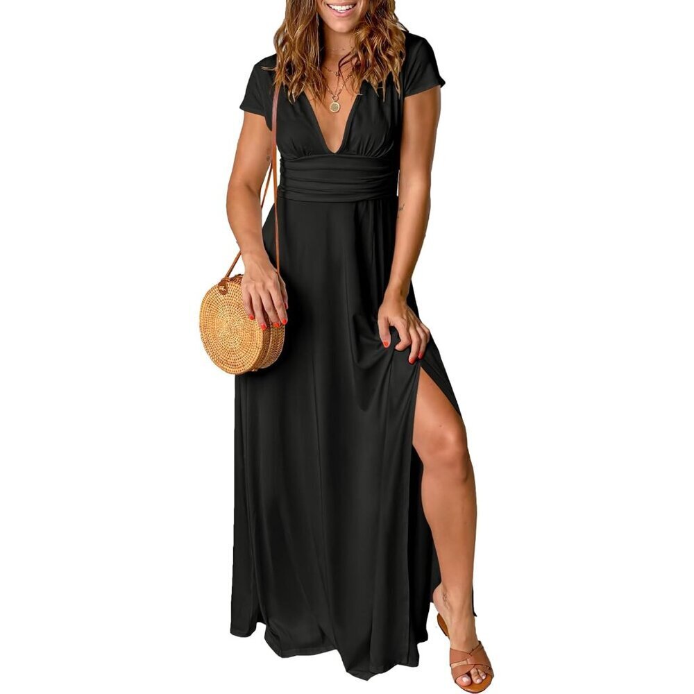 Women Summer Deep V Neck Short Sleeve Maxi Dress Elegant Wedding Formal